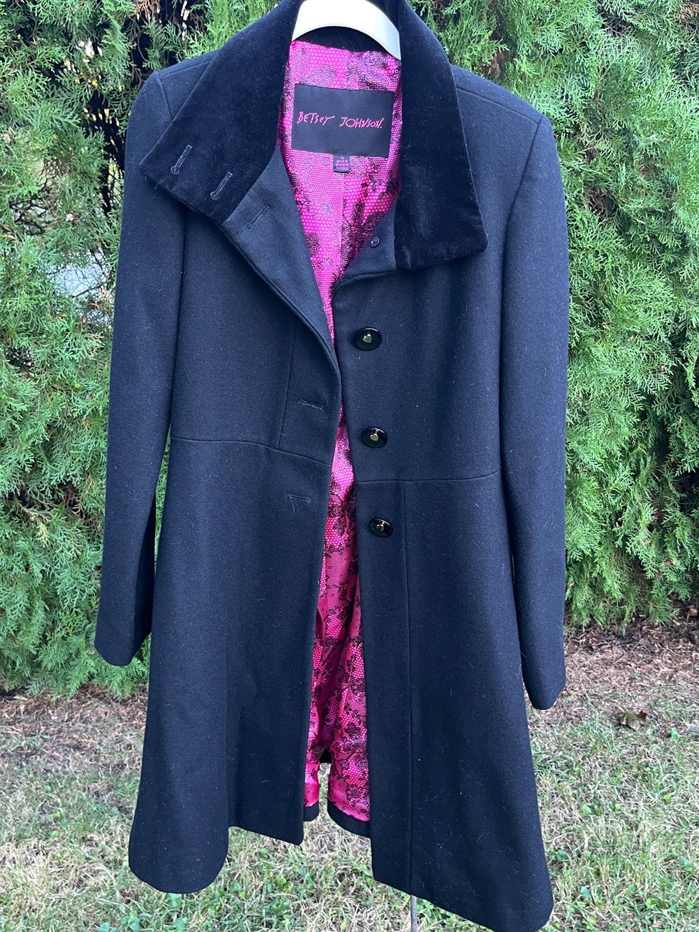 Vintage Betsey Johnson Black Wool Blend Coquette Swing Coat with Pink Lining